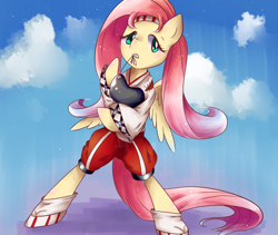 Size: 950x800 | Tagged: safe, artist:kemonomo, fluttershy, pegasus, pony, archery, bipedal, clothes, dressing, mouth hold, pixiv, solo