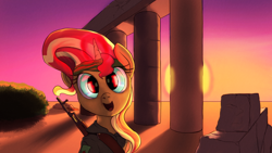 Size: 2870x1614 | Tagged: safe, artist:aaronmk, sunset shimmer, pony, clothes, gun, kurdistan, rifle, ruins, solo, sun, sunset, weapon