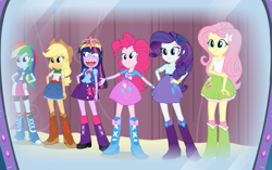 Size: 839x527 | Tagged: safe, artist:curtsibling, applejack, fluttershy, pinkie pie, rainbow dash, rarity, twilight sparkle, equestria girls, become an equestria girl, mane six