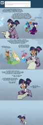 Size: 900x2594 | Tagged: safe, artist:egophiliac, derpibooru import, applejack, fluttershy, pinkie pie, rainbow dash, rarity, spike, twilight sparkle, robot, artificial intelligence, ask, blue background, comic, crystal, dialogue, humanized, mane six, simple background, steampunk, steamquestria, tumblr