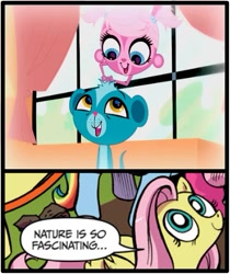 Size: 397x473 | Tagged: safe, fluttershy, pegasus, pony, blue coat, blue eyes, dialogue, exploitable meme, female, grooming, littlest pet shop, looking up, mare, meme, minka mark, multicolored tail, nature is so fascinating, obligatory pony, pink coat, pink mane, smiling, speech bubble, sunil nevla, wings, yellow coat