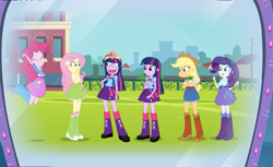 Size: 871x532 | Tagged: safe, artist:curtsibling, applejack, fluttershy, pinkie pie, rarity, twilight sparkle, equestria girls, balloon, become an equestria girl, big crown thingy, boots, bracelet, clothes, cowboy boots, crown, high heel boots, jewelry, mane six, regalia, skirt