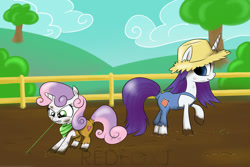 Size: 900x600 | Tagged: dead source, safe, artist:redfoxjake, rarity, sweetie belle, pony, unicorn, clothes, dirty, mouth hold, mud, pulling, rarihick, weeds