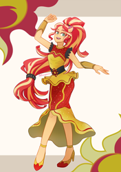 Size: 1024x1453 | Tagged: safe, artist:buryooooo, sunset shimmer, dance magic, equestria girls, spoiler:eqg specials, beautiful, clothes, dancing, dress, looking at you, ponied up, pony ears, simple background, smiling, solo, sun, sunshine shimmer