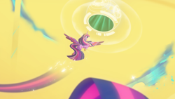 Size: 1444x817 | Tagged: safe, artist:light262, artist:lummh, edit, twilight sparkle, twilight sparkle (alicorn), alicorn, pony, comic:timey wimey, cropped, crown, female, flying, hoof shoes, jewelry, mare, older, older twilight, portal, rainbow power, regalia, speed trail, time portal, time travel, ultimate twilight, wings