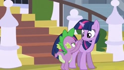 Size: 1023x576 | Tagged: safe, derpibooru import, screencap, spike, twilight sparkle, dragon, the crystal empire, boop, noseboop