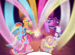 Size: 3394x2505 | Tagged: safe, artist:light262, edit, applejack, fluttershy, pinkie pie, rainbow dash, rarity, twilight sparkle, twilight sparkle (alicorn), alicorn, earth pony, pegasus, pony, unicorn, comic:timey wimey, colored wings, cropped, female, floating, magic, magic aura, mane six, mare, multicolored wings, open mouth, rainbow of light, rainbow power, rainbow power-ified, rainbow wings, smiling, spread wings, wings