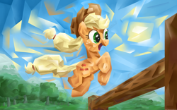 Size: 3840x2400 | Tagged: safe, artist:adiwan, applejack, earth pony, pony, abstract, jumping, solo