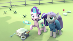 Size: 1920x1080 | Tagged: safe, artist:tehwatever, maud pie, starlight glimmer, earth pony, pony, unicorn, 3d, duct tape, fence, glowing horn, kite, kite flying, paintbrush, scene interpretation, scissors, tape