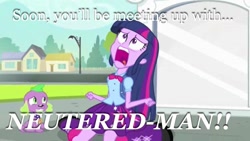 Size: 795x449 | Tagged: safe, derpibooru import, edit, edited screencap, screencap, spike, twilight sparkle, dog, equestria girls, equestria girls (movie), duo, exploitable meme, orgazmo, spike the dog, twiscream