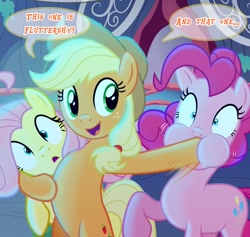 Size: 1603x1517 | Tagged: safe, artist:light262, edit, applejack, fluttershy, pinkie pie, earth pony, pegasus, pony, comic:timey wimey, bipedal, comic, cropped, female, hoof in mouth, hoofjack, smiling, speech bubble