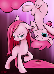 Size: 875x1200 | Tagged: safe, artist:wherewolfs, pinkie pie, earth pony, pony, duality, long tail, looking at you, missing cutie mark, one eye closed, pinkamena diane pie, raised eyebrow, raised hoof, upside down