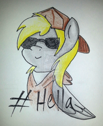 Size: 1024x1249 | Tagged: safe, artist:chub-wub, derpy hooves, pegasus, pony, backwards ballcap, clothes, female, hashtag, hat, hella, hoodie, mare, solo, sunglasses, traditional art, watermark