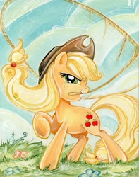 Size: 1181x1502 | Tagged: safe, artist:sararichard, applejack, earth pony, pony, cover, flower, grass, lasso, mouth hold, rope, solo, traditional art