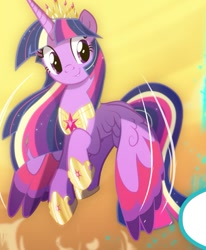 Size: 669x813 | Tagged: safe, artist:light262, artist:lummh, edit, twilight sparkle, twilight sparkle (alicorn), alicorn, pony, comic:timey wimey, colored wings, comic, cropped, crown, element of magic, ethereal mane, female, flying, hoof shoes, if only, mare, multicolored wings, older, older twilight, peytral, rainbow power, regalia, smiling, solo, ultimate twilight, wings