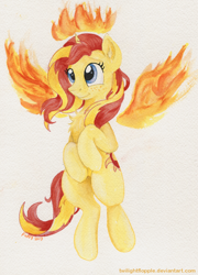 Size: 834x1161 | Tagged: safe, artist:foxxy-arts, sunset shimmer, pony, chest fluff, cute, fiery shimmer, fiery wings, fire, freckles, halo, shimmerbetes, simple background, solo, traditional art, wings