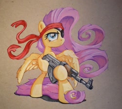 Size: 767x684 | Tagged: safe, artist:graffegruam, fluttershy, pegasus, pony, acrylic painting, ak, ak-47, assault rifle, badass, bipedal, eyepatch, flutterbadass, gun, headband, ramboshy, rifle, solo, traditional art, weapon