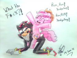 Size: 1600x1200 | Tagged: safe, artist:chikisxsxs210, pinkie pie, earth pony, pony, commission, crossover, crossover shipping, female, interspecies, love, male, shadow, shadow the hedgehog, shadpie, shipping, sonic the hedgehog (series), straight, traditional art, vulgar