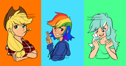 Size: 1752x923 | Tagged: safe, artist:pandaamanda11, derpibooru import, applejack, lyra heartstrings, rainbow dash, human, humanized, watermark