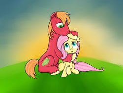 Size: 1024x768 | Tagged: safe, artist:kaleysia, big macintosh, fluttershy, earth pony, pegasus, pony, awkward, fluttermac, hug, male, shipping, stallion, straight