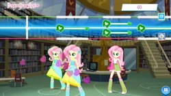 Size: 1136x640 | Tagged: safe, fluttershy, equestria girls, boots, clothes, computer, fall formal outfits, gameloft, gameloft clones, high heel boots, library, multeity, skirt