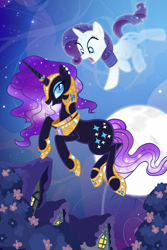 Size: 600x900 | Tagged: safe, artist:pixelkitties, nightmare rarity, rarity, pony, unicorn, moon, open mouth, shocked