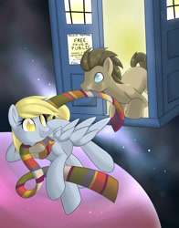 Size: 3300x4200 | Tagged: safe, artist:doomcakes, derpy hooves, doctor whooves, pegasus, pony, clothes, doctor who, female, mare, scarf, tardis