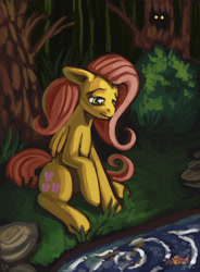 Size: 1178x1600 | Tagged: safe, artist:lexx2dot0, fluttershy, fish, pegasus, pony, river, scenery, solo, stream