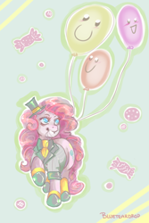 Size: 1000x1500 | Tagged: safe, artist:blueteardrop, pinkie pie, earth pony, pony, balloon, clothes, hat, mouth hold, necktie, solo, suit, top hat