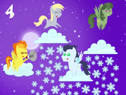 Size: 1024x768 | Tagged: safe, artist:bronybyexception, blossomforth, derpy hooves, soarin', spitfire, pegasus, pony, advent calendar, christmas, female, mare, pointy ponies, snow, snowfall