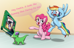 Size: 5100x3300 | Tagged: safe, artist:evil-dec0y, derpibooru import, daring do, gummy, pinkie pie, rainbow dash, earth pony, pegasus, pony, book, drool, speech bubble