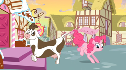 Size: 1050x590 | Tagged: safe, screencap, daisy jo, pinkie pie, cow, earth pony, pony, a friend in deed, cloven hooves, female, mare, moo, udder