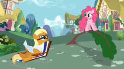 Size: 1054x592 | Tagged: safe, screencap, apple cobbler, pinkie pie, pony, a friend in deed, apple family member, female, glasses, mare, sunbathing, tanning, tanning mirror, tree