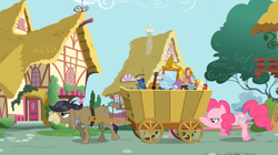 Size: 1054x592 | Tagged: safe, screencap, cranky doodle donkey, pinkie pie, donkey, earth pony, pony, a friend in deed, ponyville, wagon