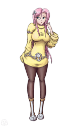 Size: 2000x3400 | Tagged: safe, artist:junker, artist:king-kakapo, fluttershy, human, breasts, clothes, colored, female, flutterthighs, hootershy, humanized, pantyhose, solo, wide hips