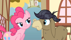 Size: 1054x592 | Tagged: safe, screencap, cranky doodle donkey, pinkie pie, donkey, earth pony, pony, a friend in deed, lidded eyes, out of context, ponyville