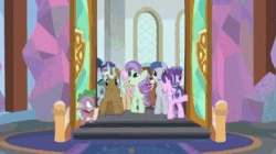 Size: 765x429 | Tagged: safe, screencap, berry blend, berry bliss, clever musings, gallus, november rain, ocellus, peppermint goldylinks, sandbar, silverstream, slate sentiments, smolder, starlight glimmer, strawberry scoop, summer meadow, twilight sparkle, twilight sparkle (alicorn), violet twirl, yona, alicorn, changedling, changeling, classical hippogriff, griffon, hippogriff, pony, yak, school daze, animated, background pony, cloven hooves, female, friendship student, jewelry, necklace, pony ocellus, student six