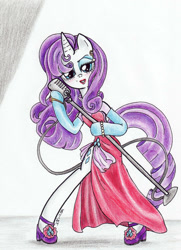 Size: 1000x1383 | Tagged: safe, artist:oriwhitedeer, rarity, anthro, clothes, dress, makeup, microphone, solo, traditional art