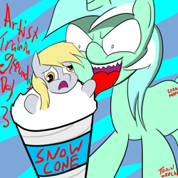 Size: 1000x1000 | Tagged: safe, artist:train wreck, derpy hooves, lyra heartstrings, pegasus, pony, female, imminent death, imminent vore, licking, mare, newbie artist training grounds, snowcone, tongue out