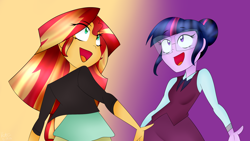 Size: 2560x1440 | Tagged: safe, artist:cosmiickatie, sci-twi, sunset shimmer, twilight sparkle, equestria girls, friendship games, clothes, deleted scene, duet, glasses, open mouth, scene interpretation, school uniform, singing, what more is out there