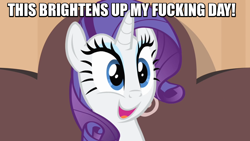 Size: 800x450 | Tagged: safe, screencap, rarity, pony, unicorn, happy, image macro, meme, solo, vulgar