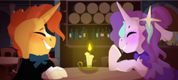 Size: 1224x554 | Tagged: safe, artist:alien, starlight glimmer, sunburst, pony, unicorn, beautiful, candle, cute, date, dressed up, eyes closed, fabulous, female, giggling, male, romantic, shipping, starburst, straight, sunbetes