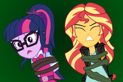 Size: 3000x2000 | Tagged: safe, artist:spottedlions, sci-twi, sunset shimmer, twilight sparkle, equestria girls, bondage, clothes, commission, eyes closed, female, glasses, green background, i've seen enough hentai to know where this is going, jacket, open mouth, ponytail, scared, simple background, struggling, trapped, vine, worried