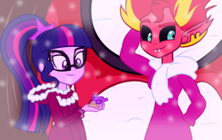 Size: 1024x647 | Tagged: safe, artist:wubcakeva, sci-twi, sunset satan, sunset shimmer, twilight sparkle, bird, equestria girls, beauty and the beast, clothes, cute, female, glasses, hoodie, lesbian, scarf, scitwishimmer, shipping, snow, sunsetsparkle, winter outfit