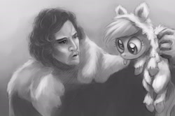 Size: 2973x1980 | Tagged: safe, artist:verulence, derpy hooves, human, game of thrones, jon snow, monochrome, wip