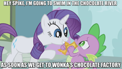 Size: 717x403 | Tagged: safe, edit, edited screencap, screencap, rarity, spike, dragon, pony, unicorn, the ticket master, duo, gala ticket, image macro, meme, off model, ticket, willy wonka and the chocolate factory