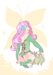 Size: 500x709 | Tagged: safe, artist:muura, fluttershy, human, ass, clothes, corset, evening gloves, high heels, humanized, light skin, looking back, nail polish, solo, squatting