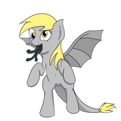 Size: 1200x1200 | Tagged: safe, artist:varemia, derpy hooves, monster pony, original species, pony, tatzlpony, bat wings, belly button, bipedal, open mouth, smiling, solo, tatzlderp, tentacle tongue, tentacles