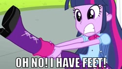 Size: 790x444 | Tagged: safe, derpibooru import, edit, edited screencap, screencap, twilight sparkle, equestria girls, equestria girls (movie), captain obvious, feet, image macro, oh no, solo