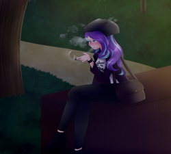 Size: 2000x1800 | Tagged: safe, artist:rmariansj, starlight glimmer, human, blowing, cigarette, clothes, crossed legs, female, grass, humanized, pants, shoulder bag, smoking, solo, tree